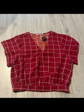 Women's Red Check V-Neck Short Sleeve Blouse